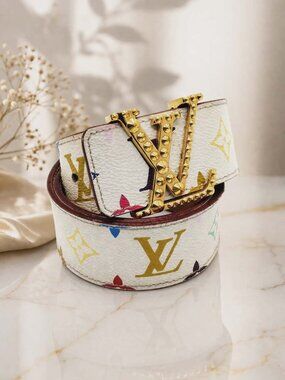 Authentic Louis Vuitton Multicolor Monogram Belt White LV Studded Buckle